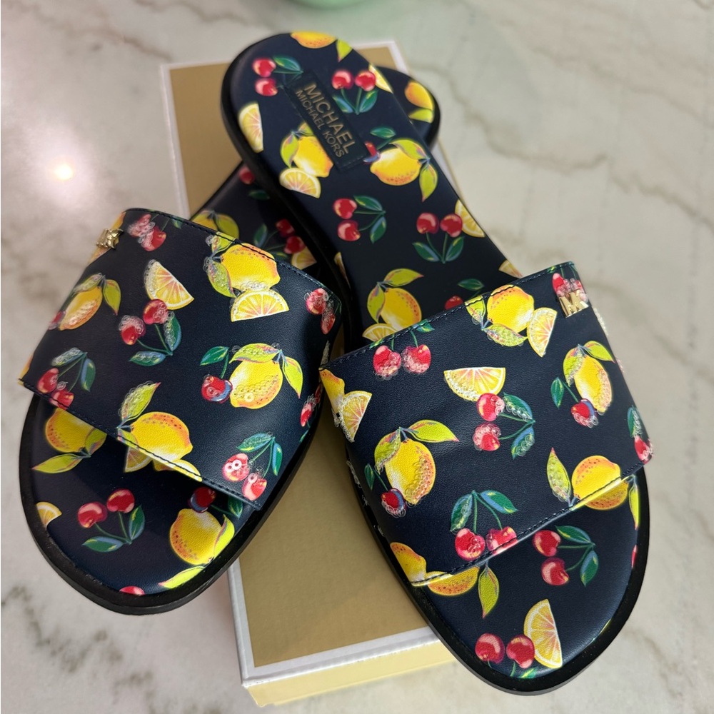 Michael Kors Navy Slide Sandals with Lemon & Cherry Print